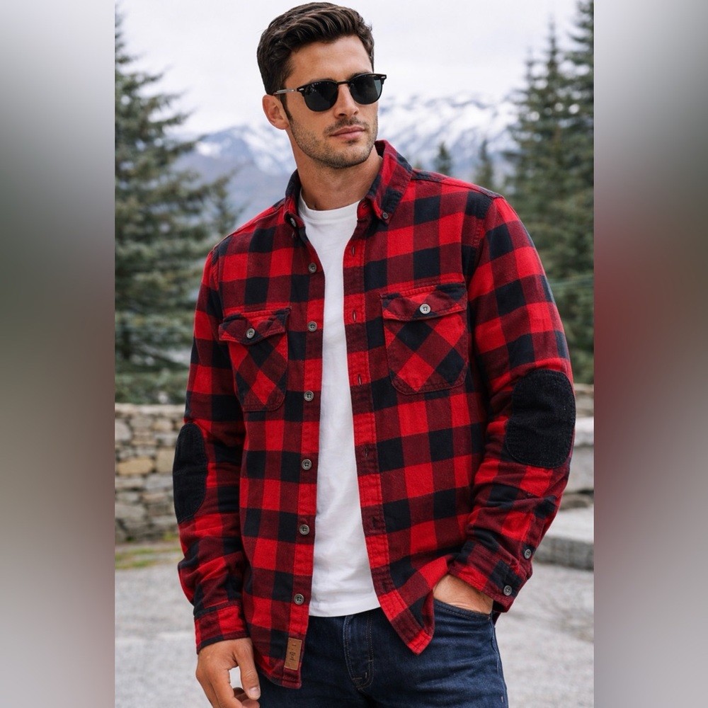 BNWOT Roots Canada Red Black Buffalo Plaid Flannel Shirt Jacket Elbow Patches L - Picture 2 of 9